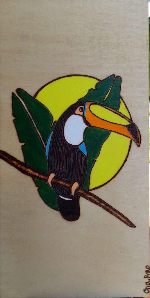 Pyrogravure sur bois d'un toucan coloré