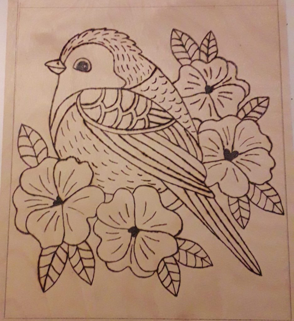 oiseau, fleurs, contours pyrogravés