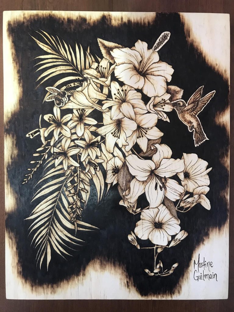 Pyrogravure colibri, plantes, fleurs