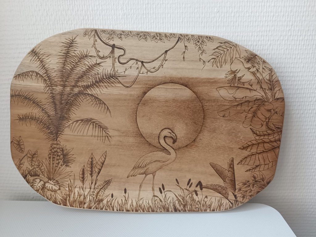 Pyrogravure flamand rose sans couleur dans le soleil