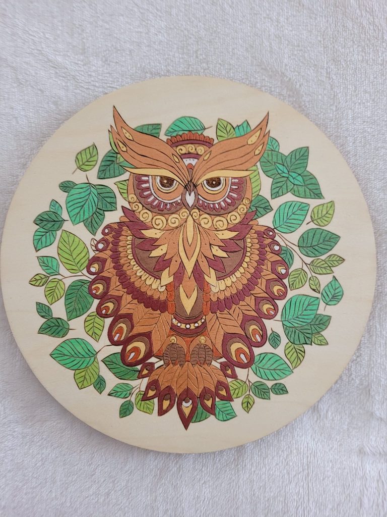 Pyrogravure hibou auréolée de feuilles le tout coloré