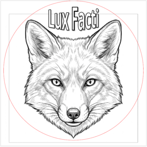 portrait d'un renard avec un texte en latin Lux Facti